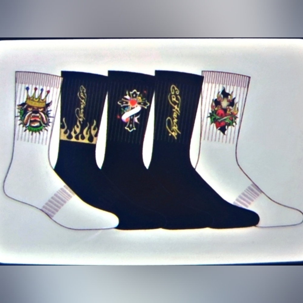 Ed Hardy White Crew Socks with Multicolor Skull Graphic - 5 Pack